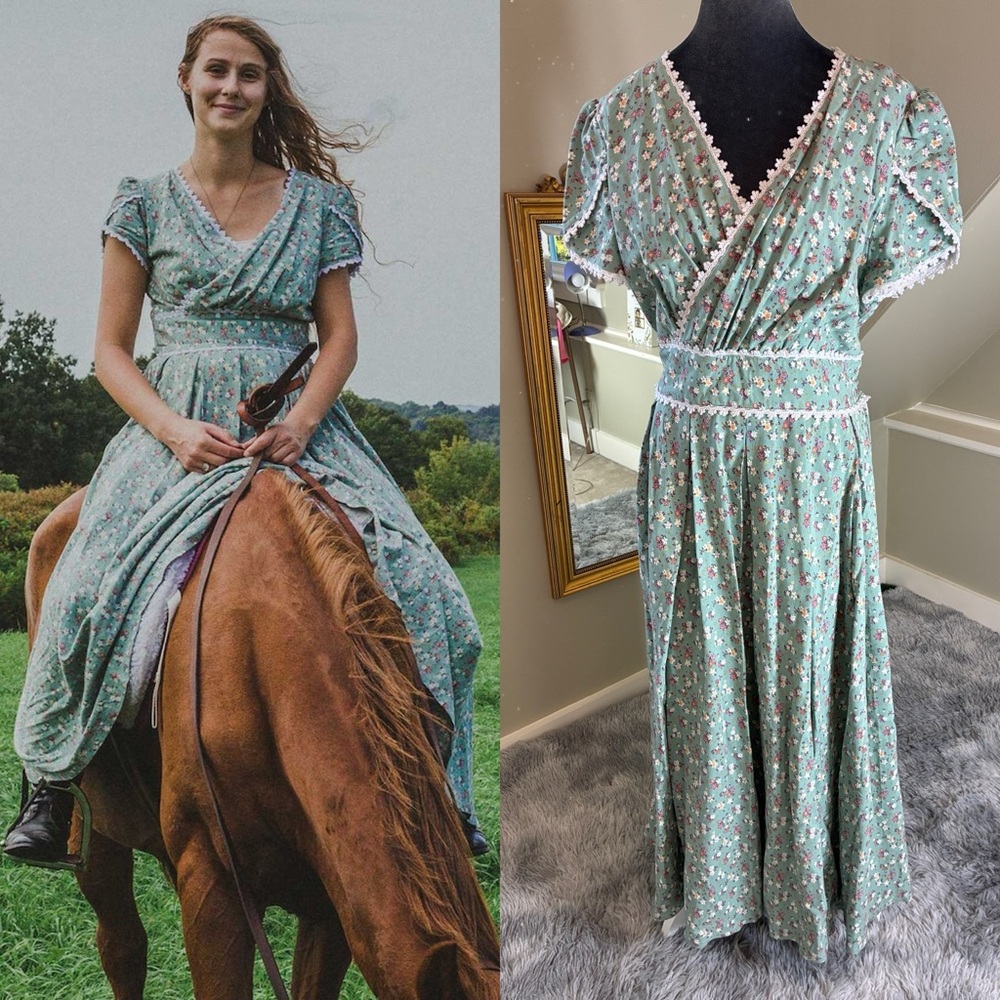 Large Green Floral Prairie Farmhouse Tie Back Maxi Dress